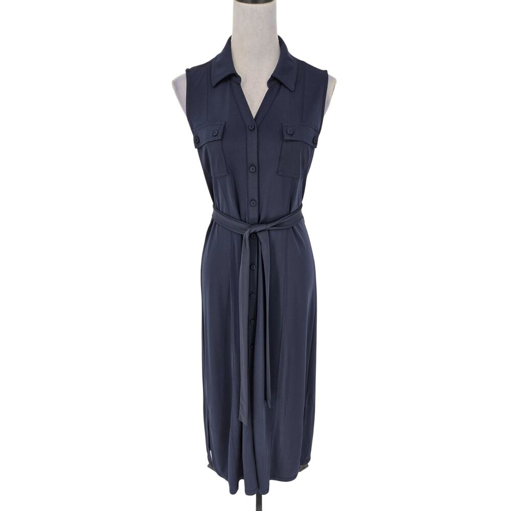 Talbots Dress Petites MP PM Navy Blue Stretch Knit Button Front Maxi Belt Career